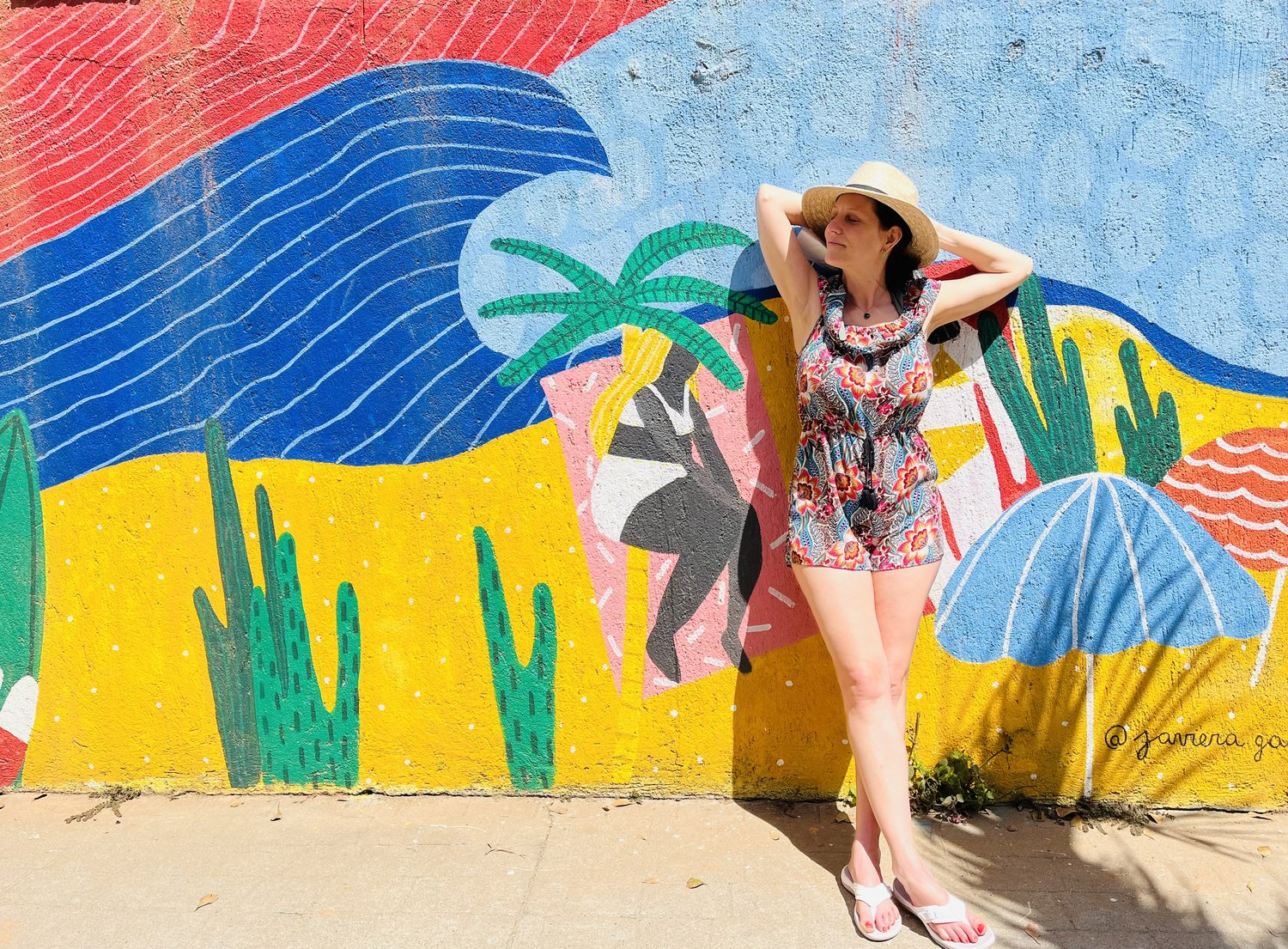India basking in the sun in front of a mural in Mexico